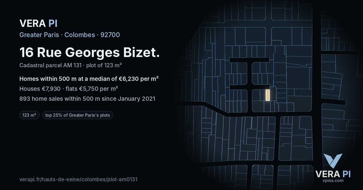 16 Rue Georges Bizet, Colombes at night – the plot lit, the parcels around coloured by the prices near them