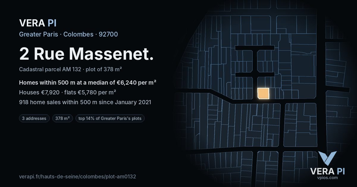 2 Rue Massenet, Colombes at night – the plot lit, the parcels around coloured by the prices near them