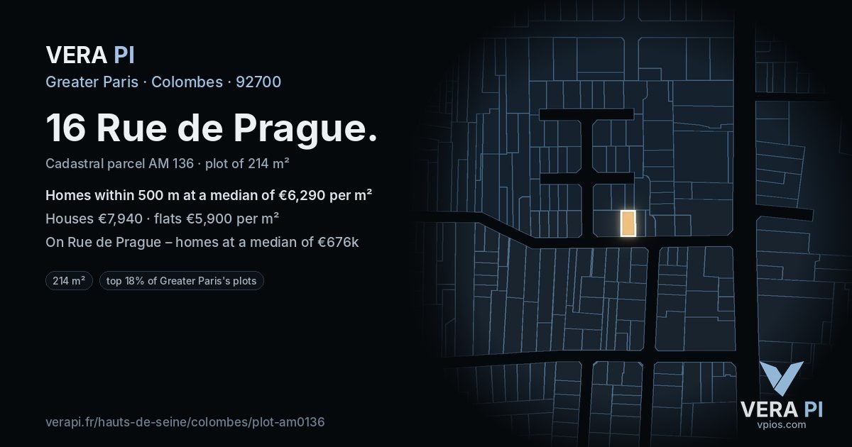 16 Rue de Prague, Colombes at night – the plot lit, the parcels around coloured by the prices near them