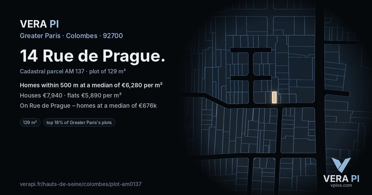 14 Rue de Prague, Colombes at night – the plot lit, the parcels around coloured by the prices near them