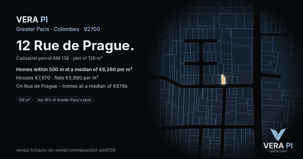 12 Rue de Prague, Colombes at night – the plot lit, the parcels around coloured by the prices near them