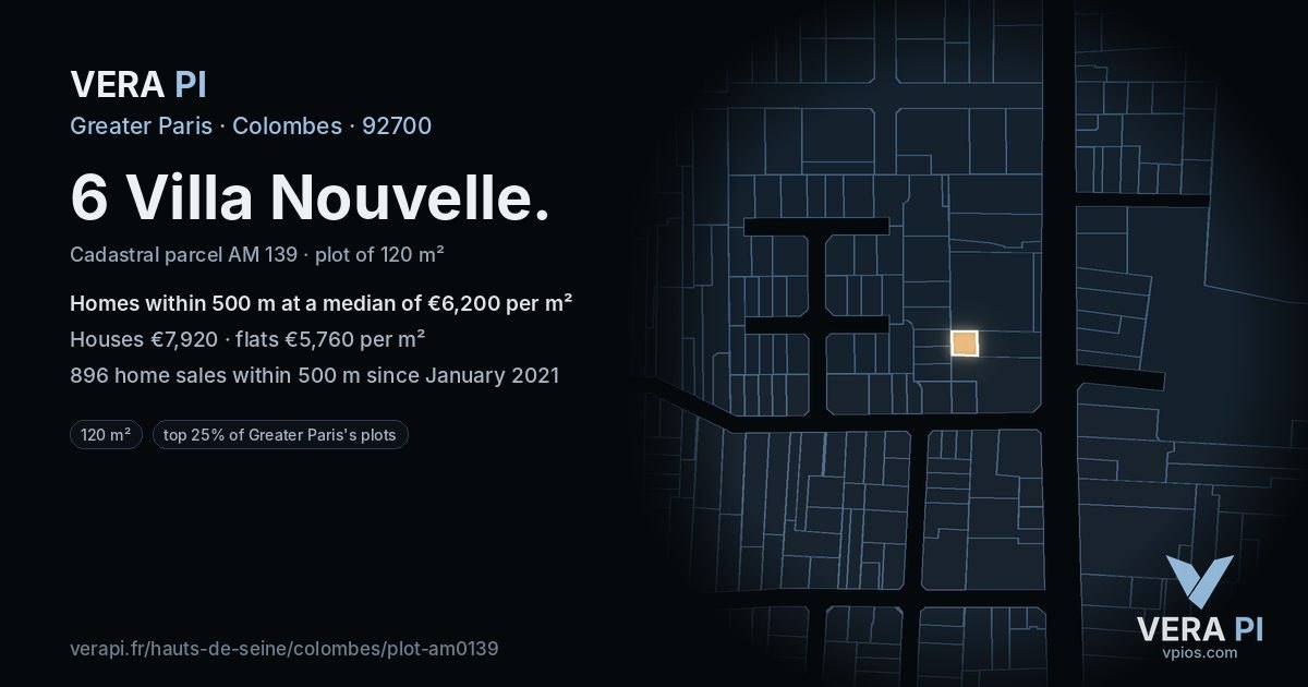 6 Villa Nouvelle, Colombes at night – the plot lit, the parcels around coloured by the prices near them
