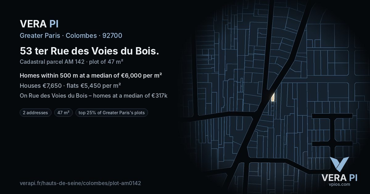 53 ter Rue des Voies du Bois, Colombes at night – the plot lit, the parcels around coloured by the prices near them