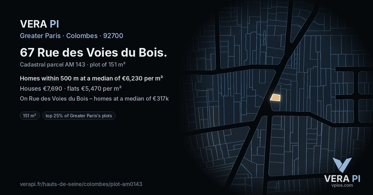 67 Rue des Voies du Bois, Colombes at night – the plot lit, the parcels around coloured by the prices near them