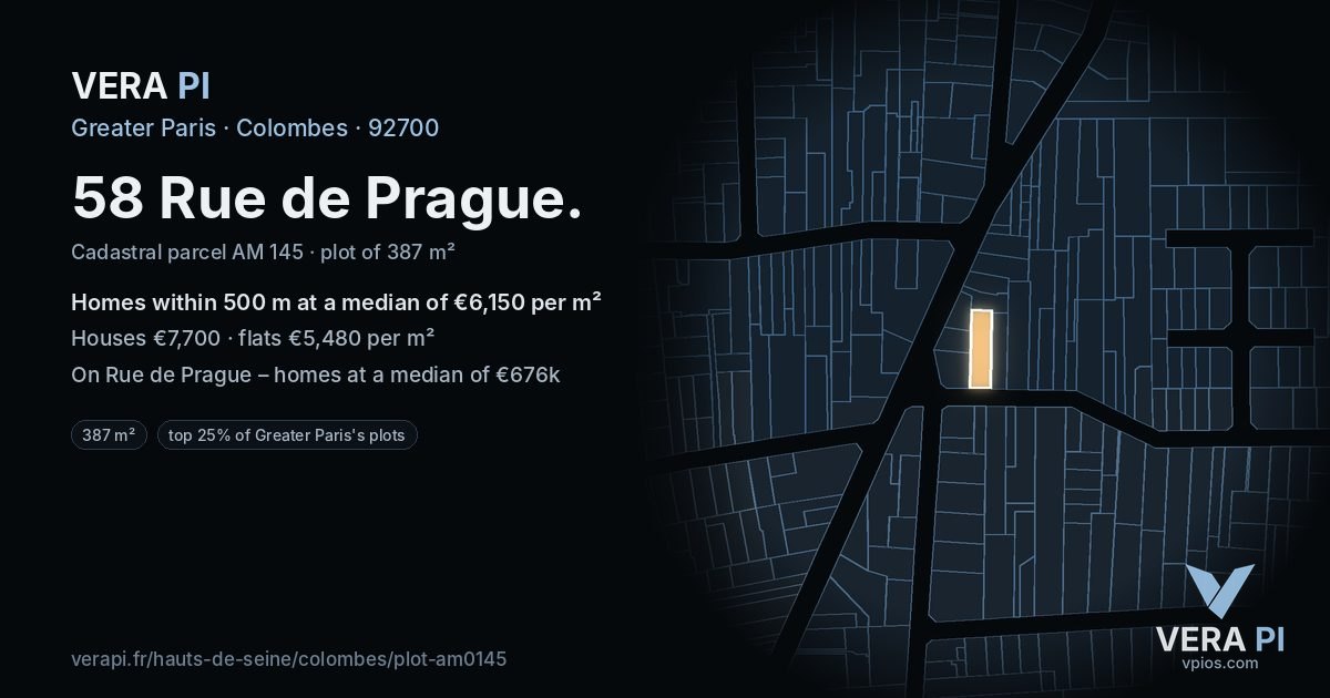 58 Rue de Prague, Colombes at night – the plot lit, the parcels around coloured by the prices near them