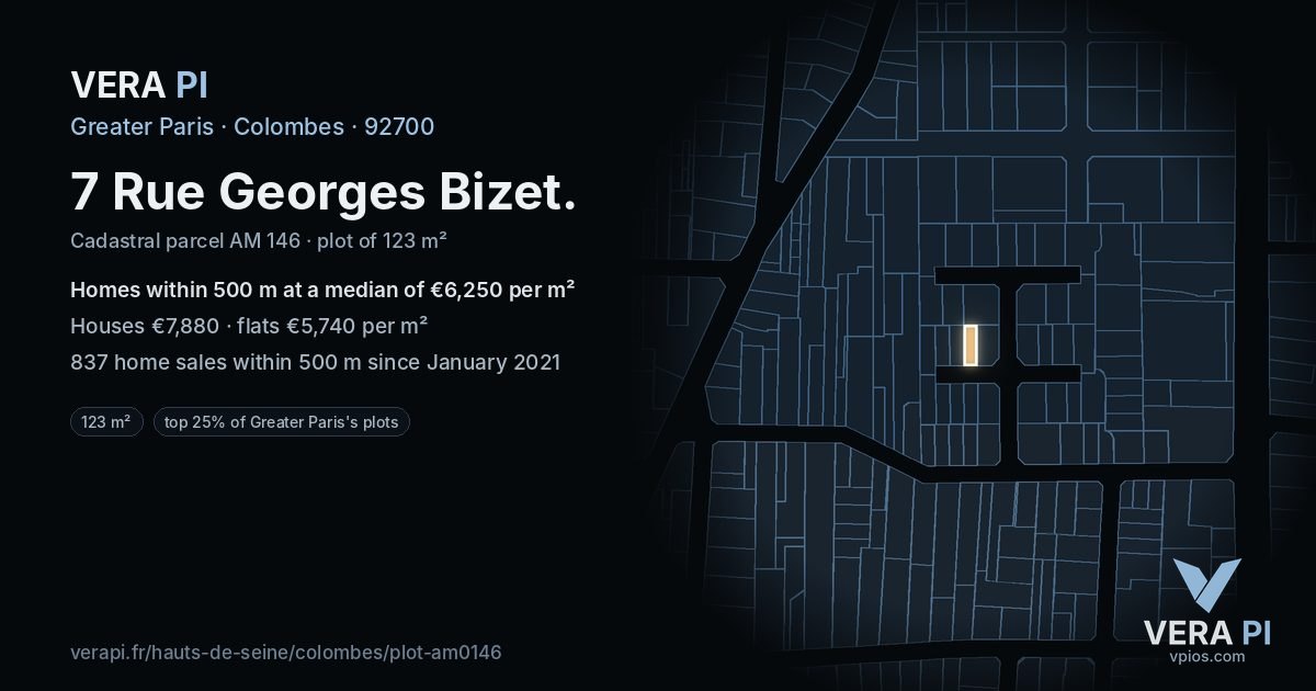 7 Rue Georges Bizet, Colombes at night – the plot lit, the parcels around coloured by the prices near them