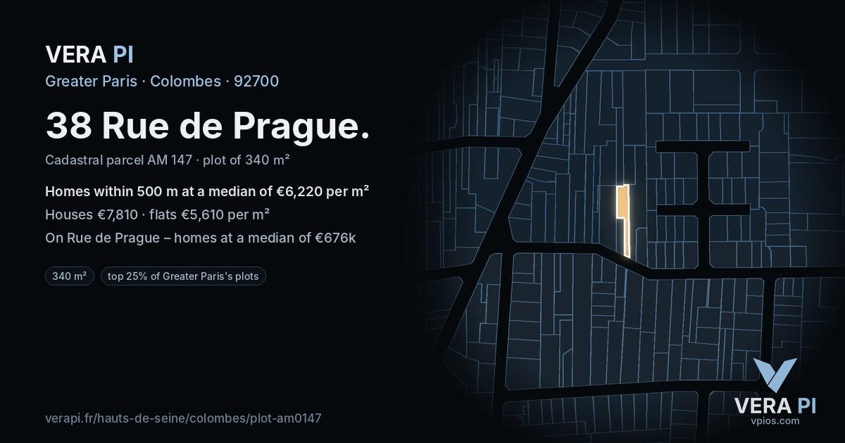 38 Rue de Prague, Colombes at night – the plot lit, the parcels around coloured by the prices near them