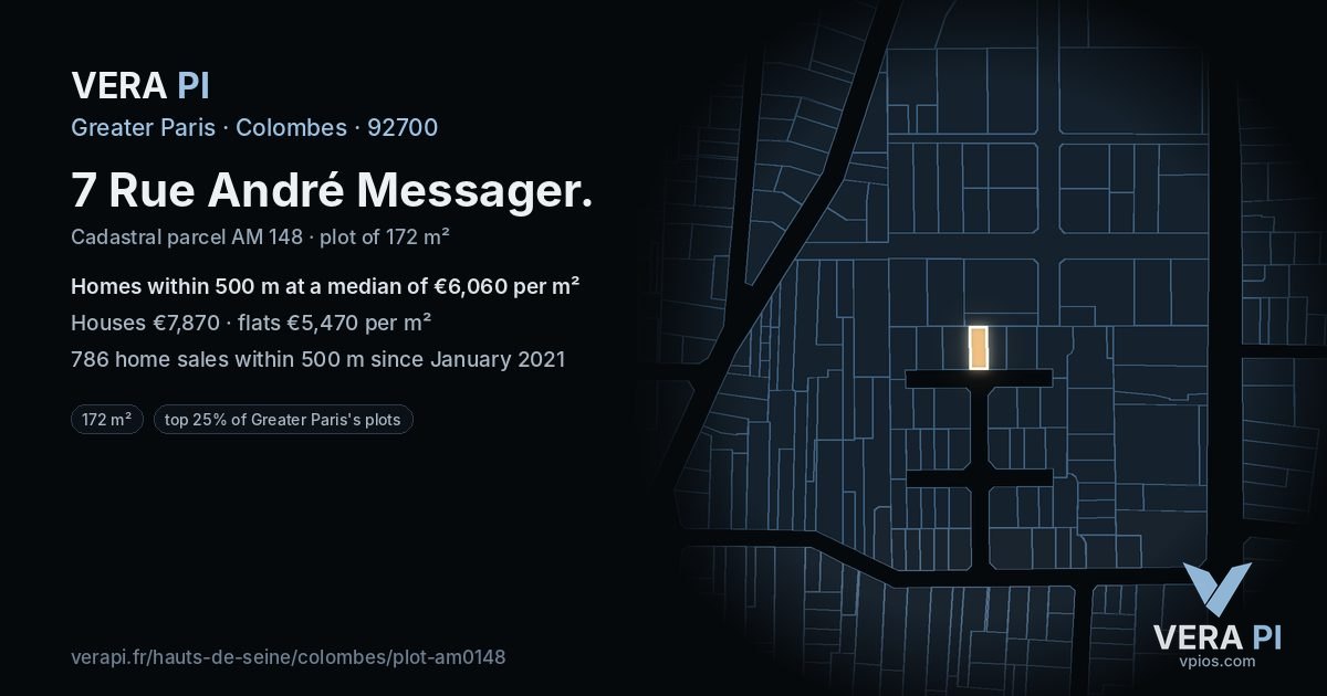 7 Rue André Messager, Colombes at night – the plot lit, the parcels around coloured by the prices near them