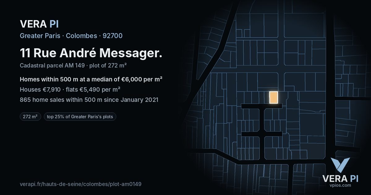 11 Rue André Messager, Colombes at night – the plot lit, the parcels around coloured by the prices near them