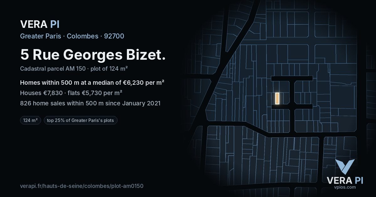 5 Rue Georges Bizet, Colombes at night – the plot lit, the parcels around coloured by the prices near them