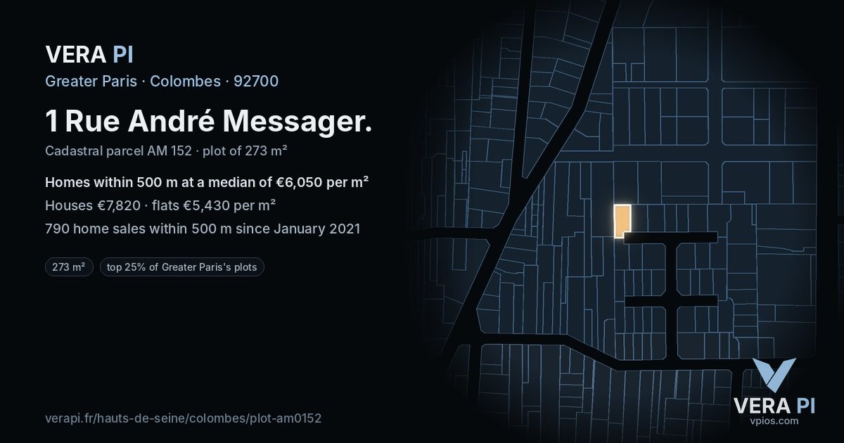 1 Rue André Messager, Colombes at night – the plot lit, the parcels around coloured by the prices near them
