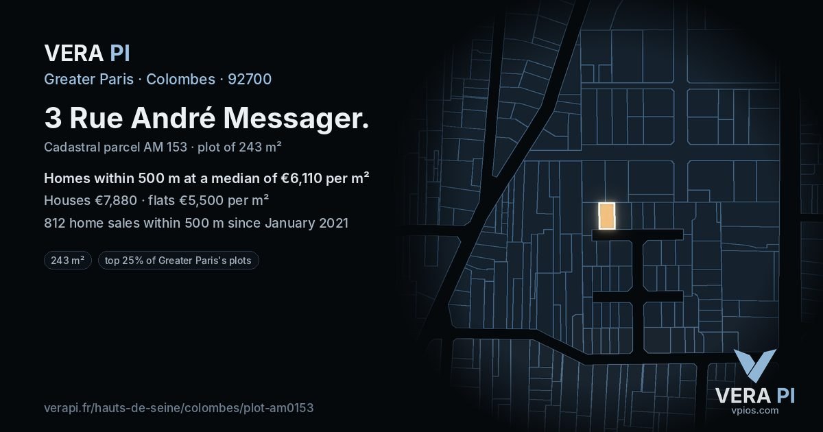 3 Rue André Messager, Colombes at night – the plot lit, the parcels around coloured by the prices near them