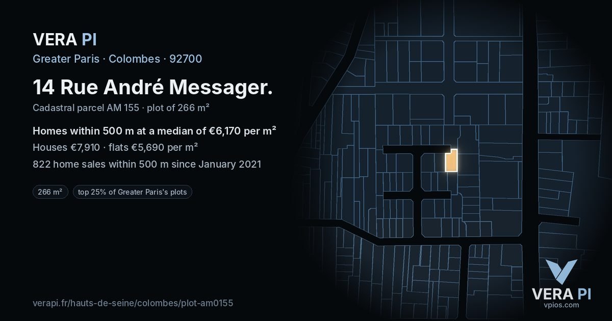 14 Rue André Messager, Colombes at night – the plot lit, the parcels around coloured by the prices near them