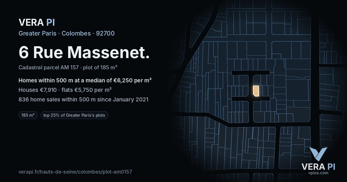6 Rue Massenet, Colombes at night – the plot lit, the parcels around coloured by the prices near them