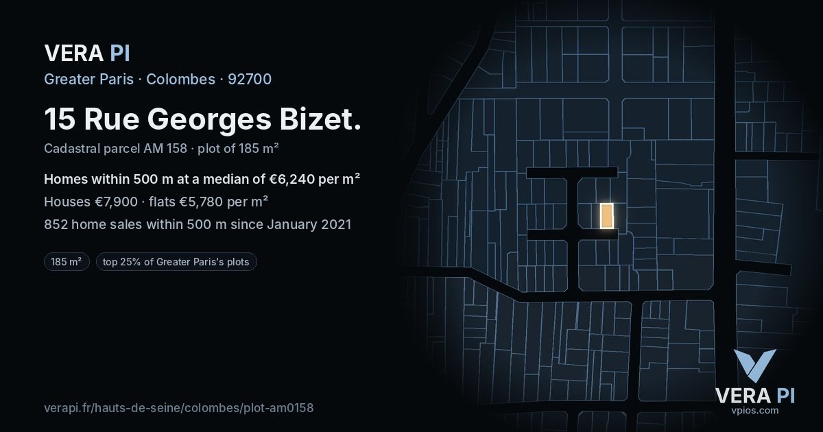 15 Rue Georges Bizet, Colombes at night – the plot lit, the parcels around coloured by the prices near them