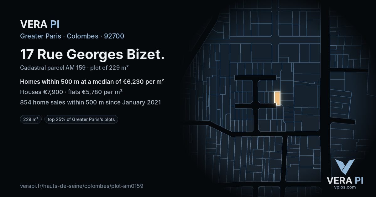 17 Rue Georges Bizet, Colombes at night – the plot lit, the parcels around coloured by the prices near them