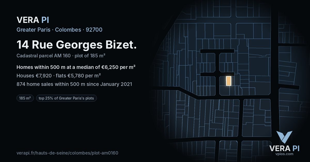 14 Rue Georges Bizet, Colombes at night – the plot lit, the parcels around coloured by the prices near them