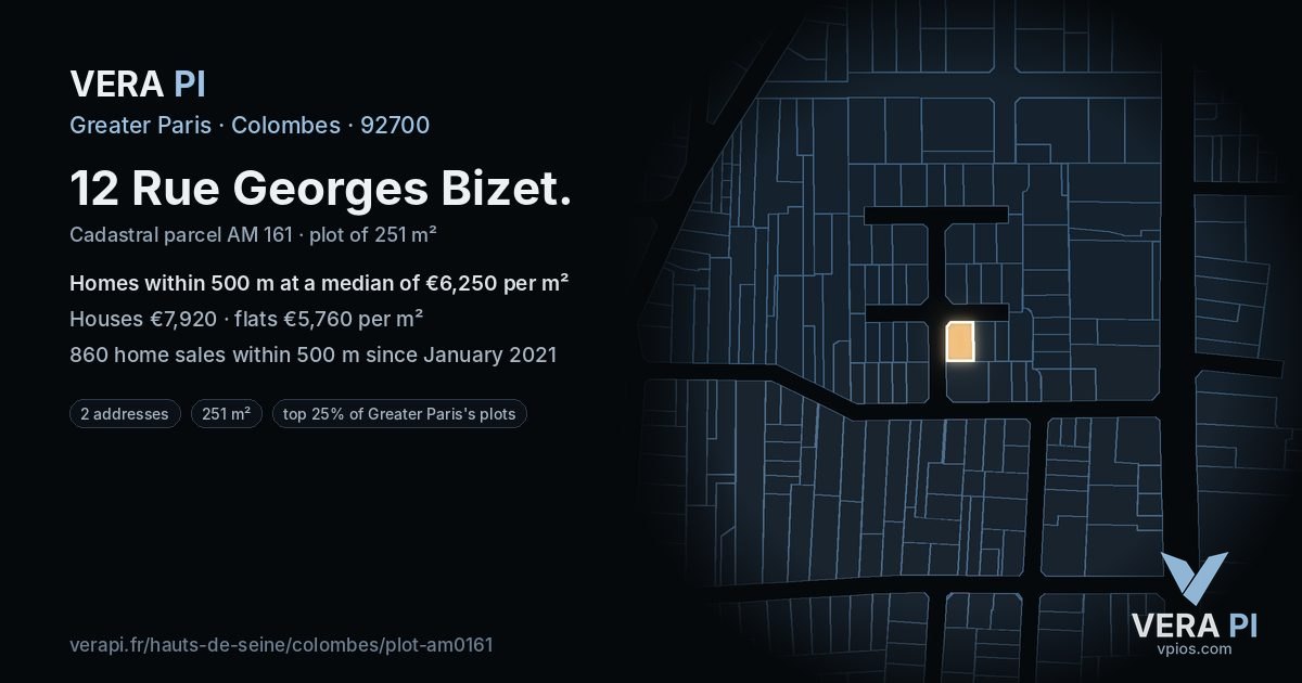 12 Rue Georges Bizet, Colombes at night – the plot lit, the parcels around coloured by the prices near them