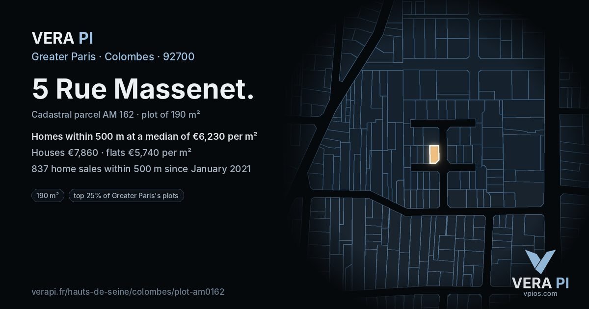 5 Rue Massenet, Colombes at night – the plot lit, the parcels around coloured by the prices near them