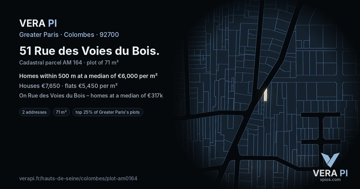 51 Rue des Voies du Bois, Colombes at night – the plot lit, the parcels around coloured by the prices near them