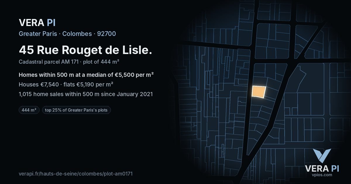 45 Rue Rouget de Lisle, Colombes at night – the plot lit, the parcels around coloured by the prices near them