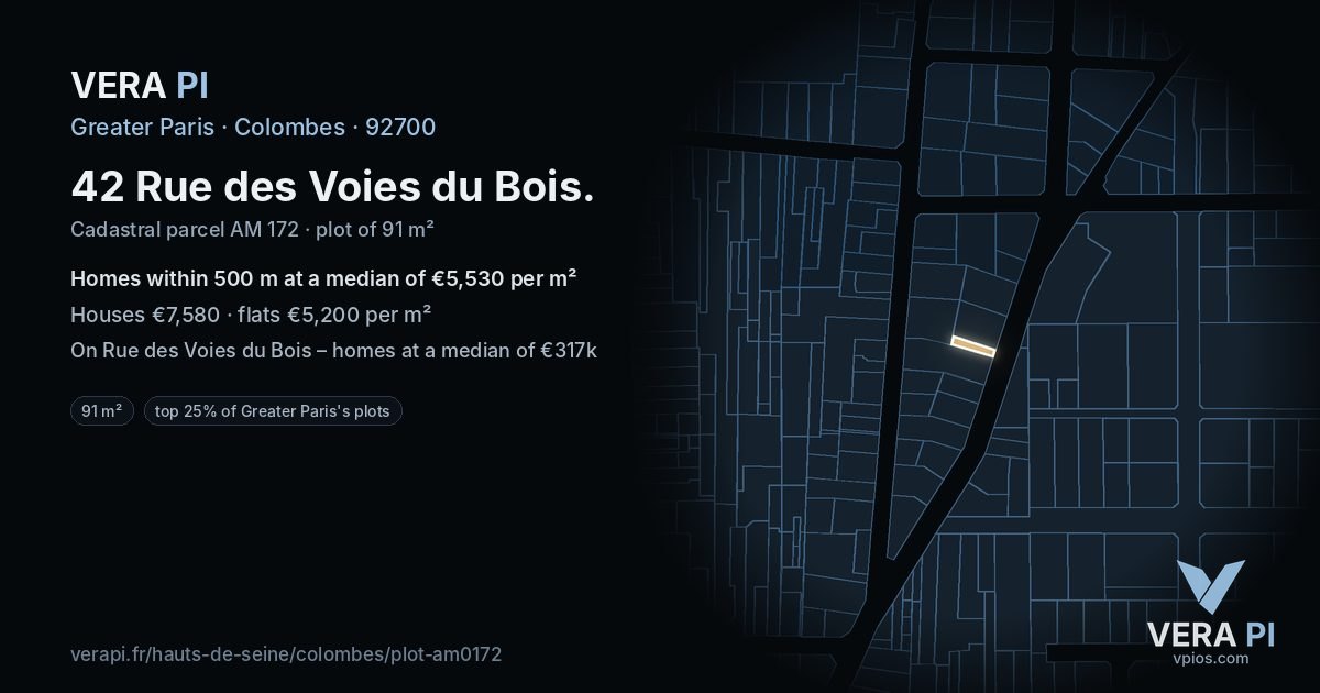 42 Rue des Voies du Bois, Colombes at night – the plot lit, the parcels around coloured by the prices near them