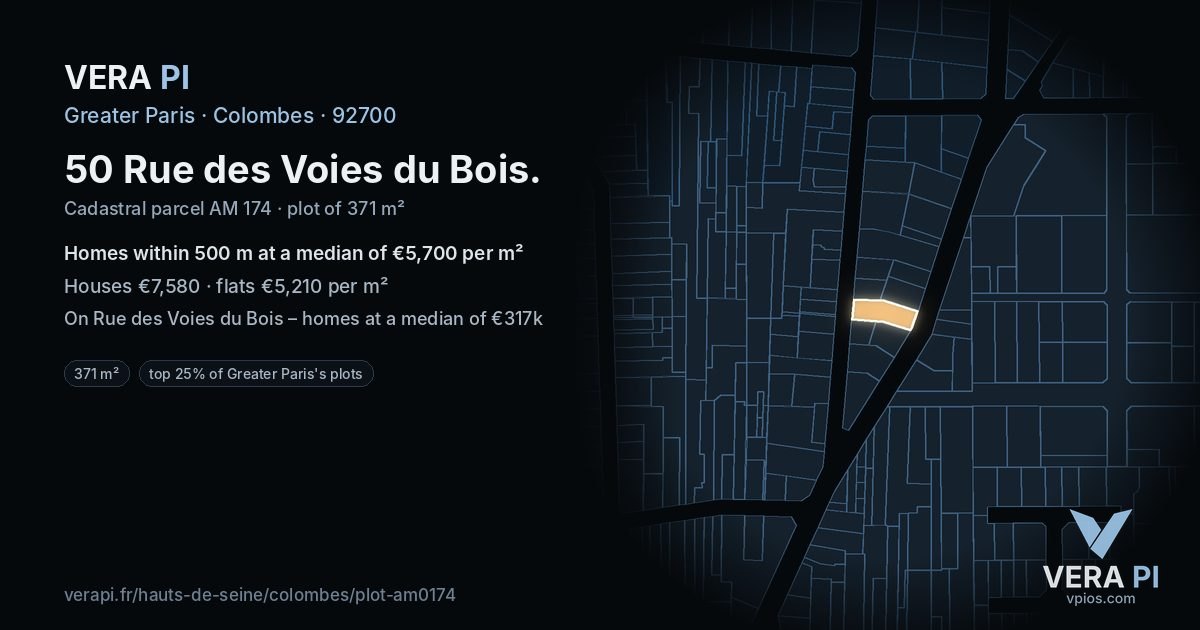 50 Rue des Voies du Bois, Colombes at night – the plot lit, the parcels around coloured by the prices near them