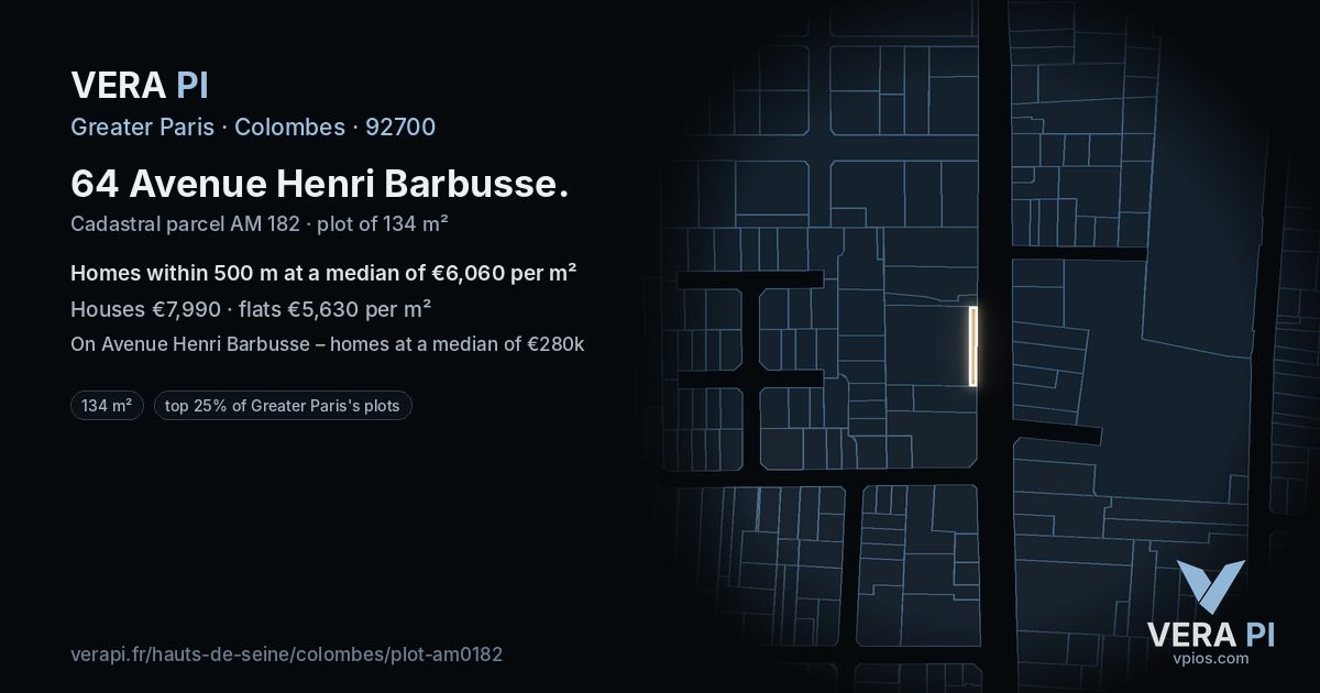 64 Avenue Henri Barbusse, Colombes at night – the plot lit, the parcels around coloured by the prices near them