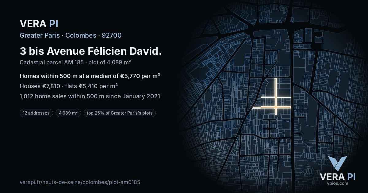 3 bis Avenue Félicien David, Colombes at night – the plot lit, the parcels around coloured by the prices near them