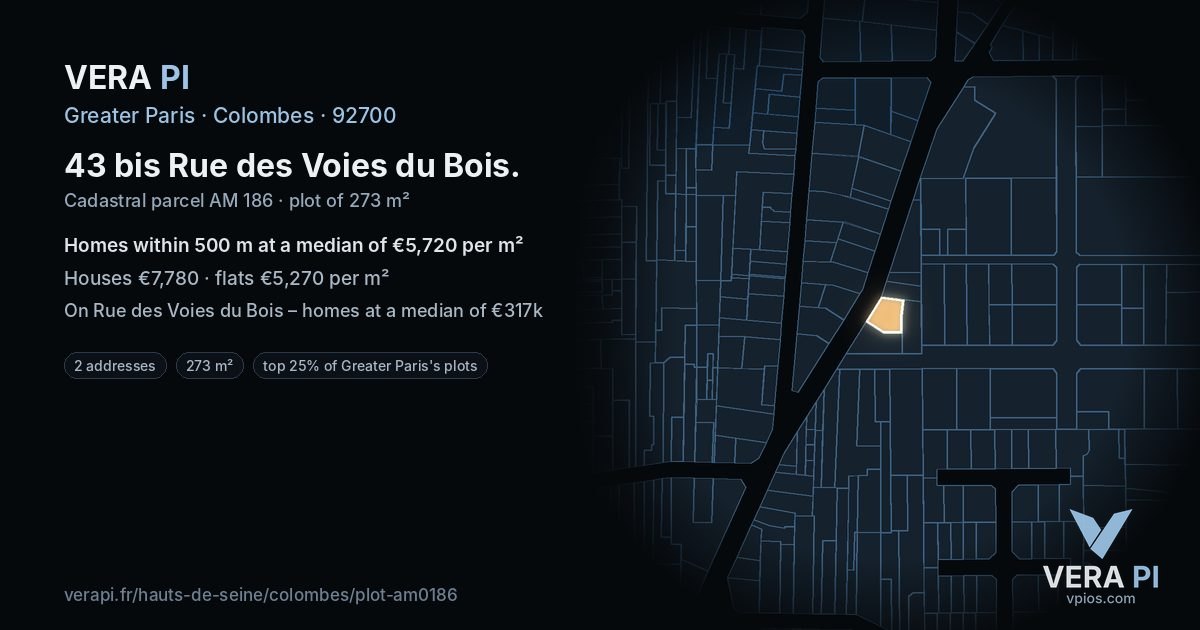 43 bis Rue des Voies du Bois, Colombes at night – the plot lit, the parcels around coloured by the prices near them