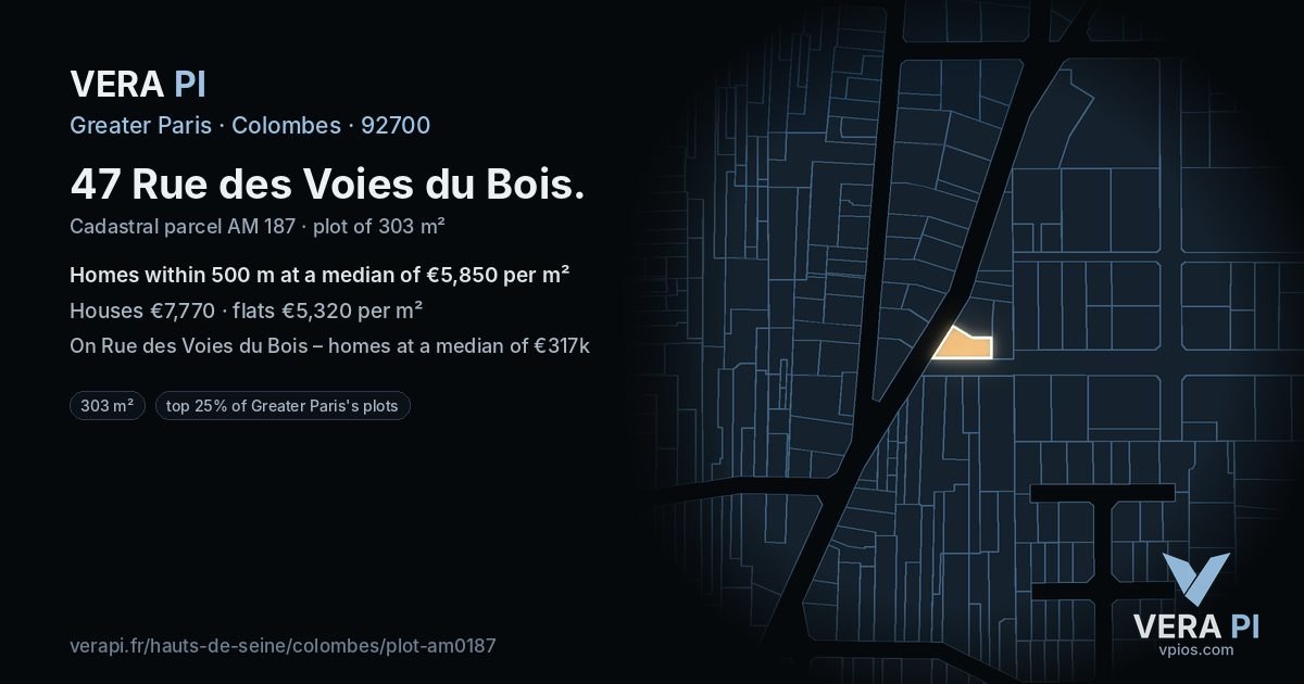 47 Rue des Voies du Bois, Colombes at night – the plot lit, the parcels around coloured by the prices near them