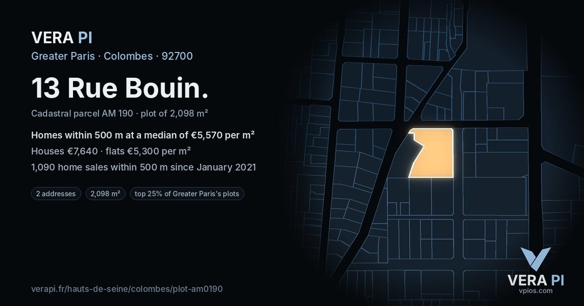 13 Rue Bouin, Colombes at night – the plot lit, the parcels around coloured by the prices near them