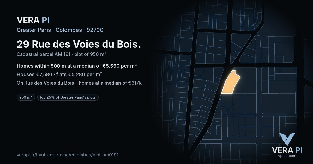 29 Rue des Voies du Bois, Colombes at night – the plot lit, the parcels around coloured by the prices near them