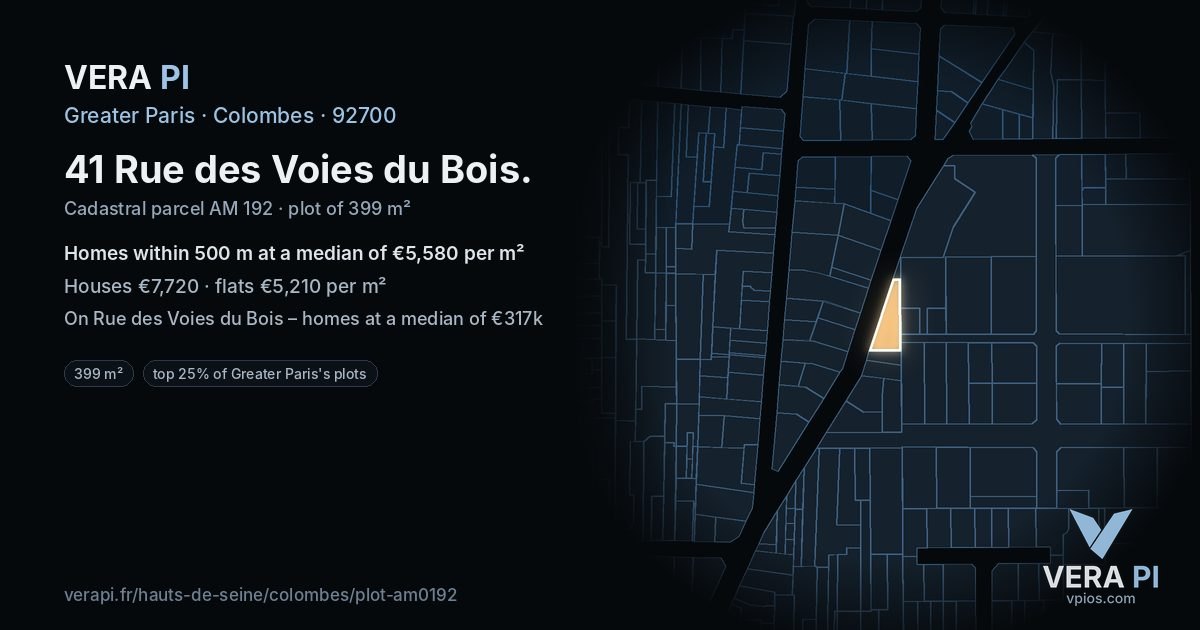 41 Rue des Voies du Bois, Colombes at night – the plot lit, the parcels around coloured by the prices near them