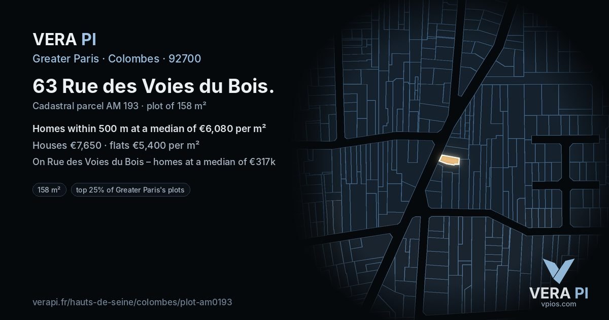 63 Rue des Voies du Bois, Colombes at night – the plot lit, the parcels around coloured by the prices near them