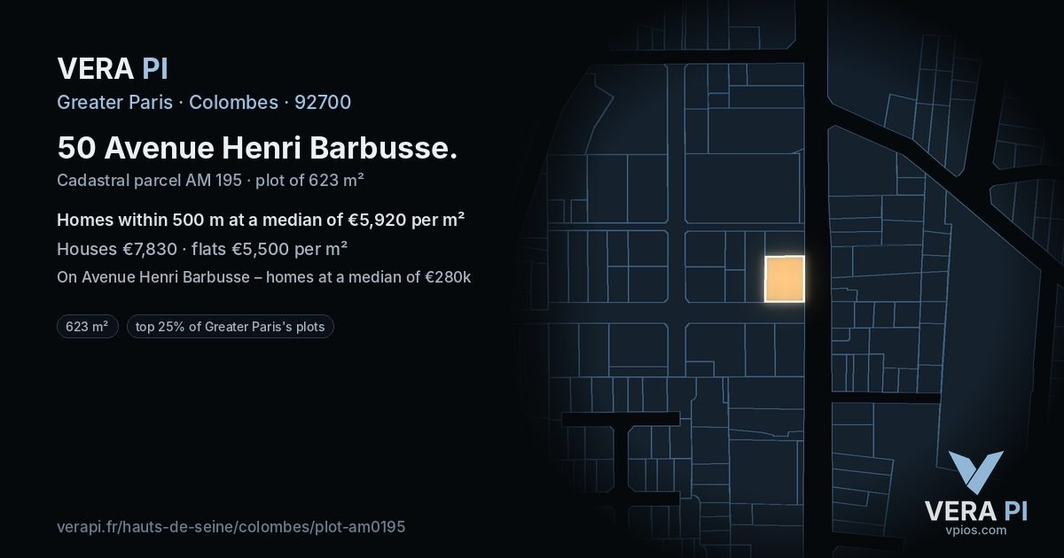 50 Avenue Henri Barbusse, Colombes at night – the plot lit, the parcels around coloured by the prices near them
