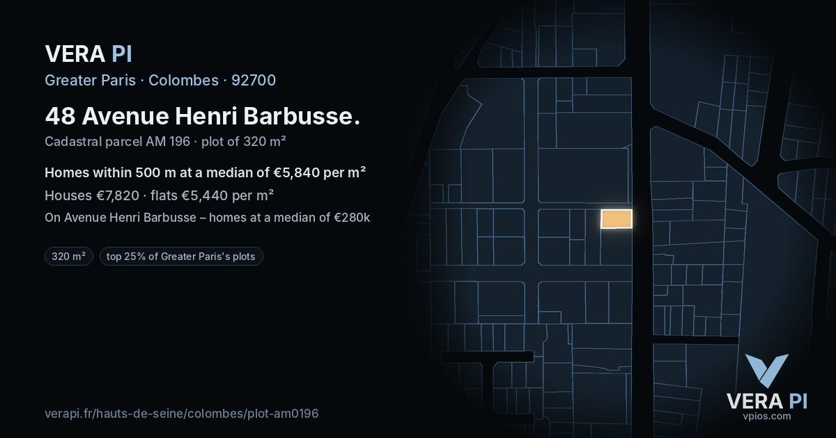 48 Avenue Henri Barbusse, Colombes at night – the plot lit, the parcels around coloured by the prices near them