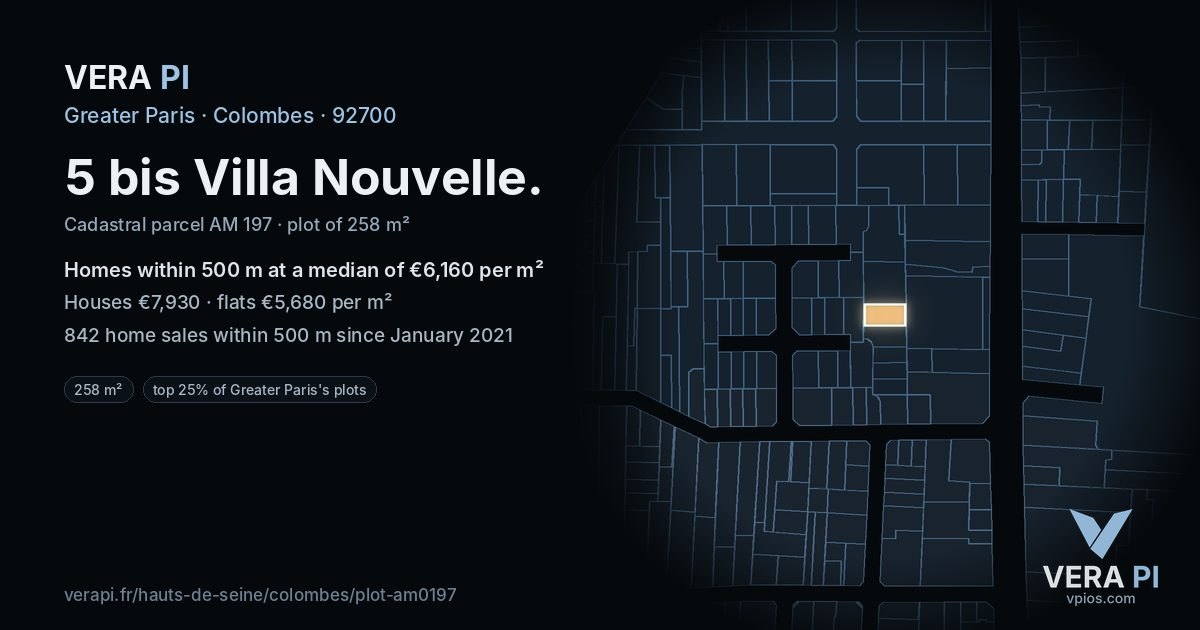 5 bis Villa Nouvelle, Colombes at night – the plot lit, the parcels around coloured by the prices near them