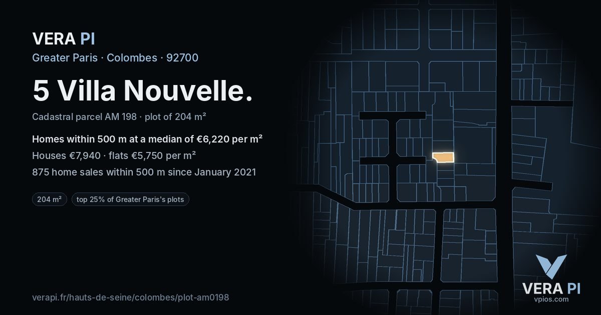 5 Villa Nouvelle, Colombes at night – the plot lit, the parcels around coloured by the prices near them