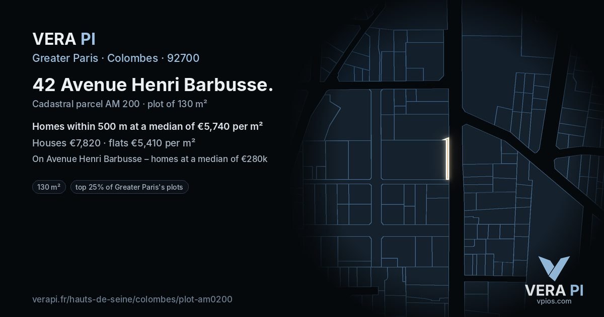 42 Avenue Henri Barbusse, Colombes at night – the plot lit, the parcels around coloured by the prices near them