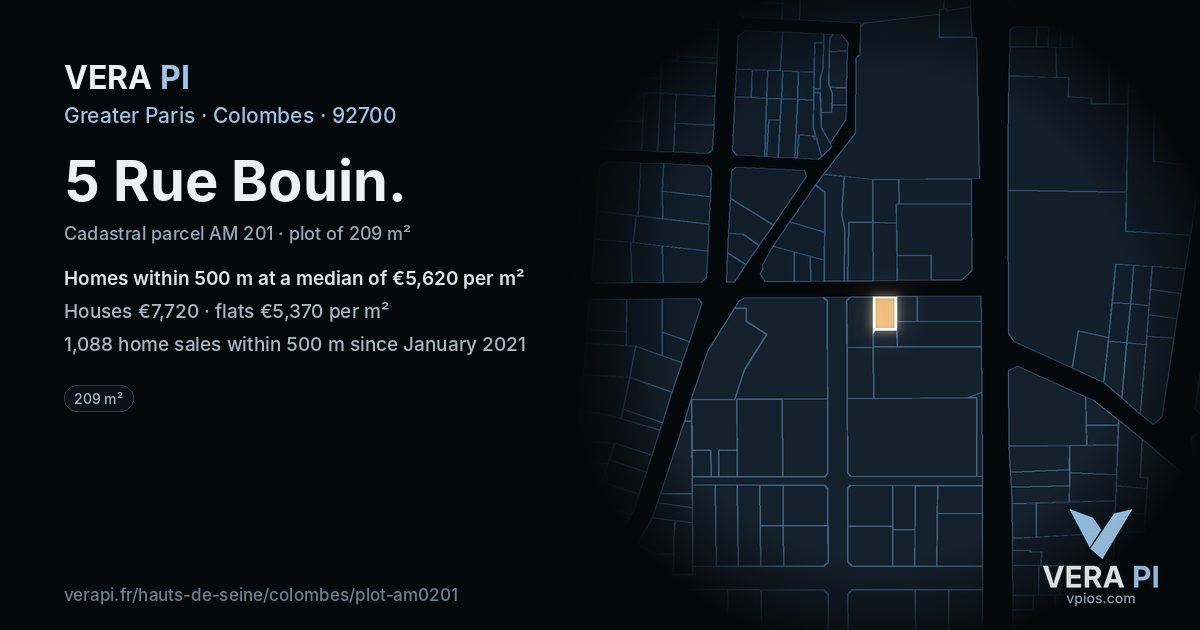 5 Rue Bouin, Colombes at night – the plot lit, the parcels around coloured by the prices near them