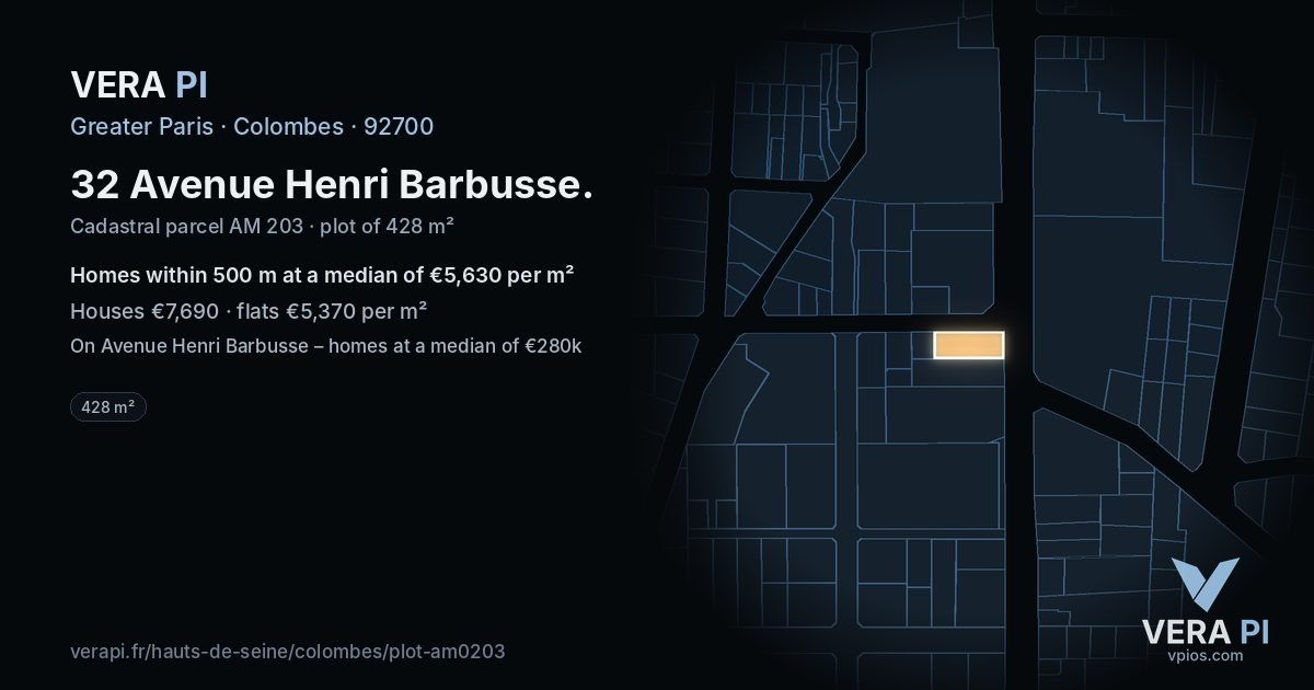 32 Avenue Henri Barbusse, Colombes at night – the plot lit, the parcels around coloured by the prices near them