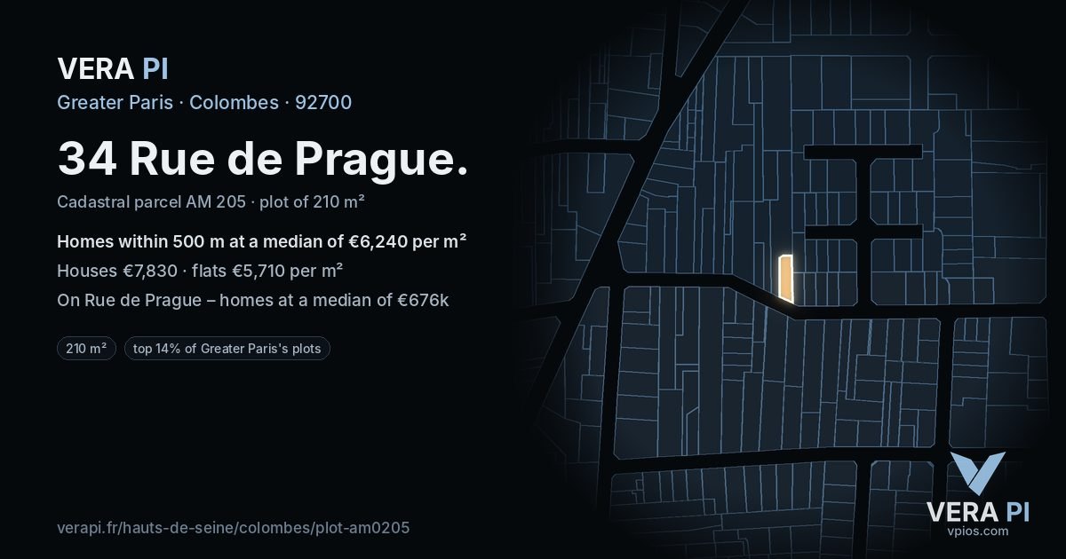 34 Rue de Prague, Colombes at night – the plot lit, the parcels around coloured by the prices near them