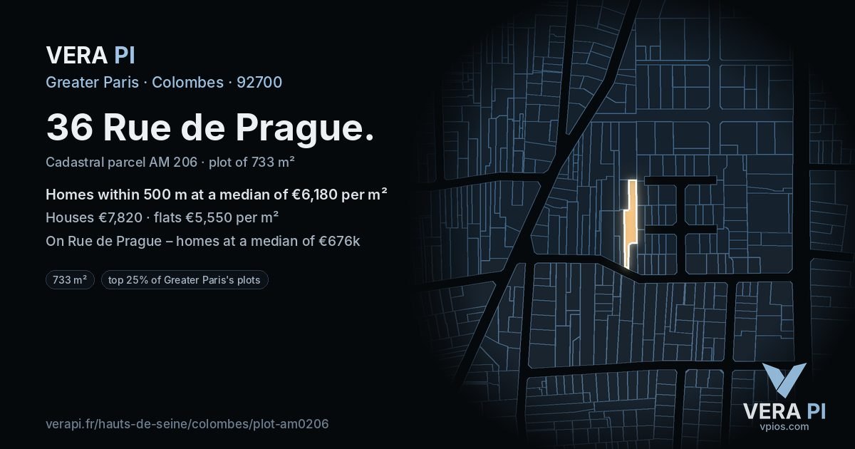 36 Rue de Prague, Colombes at night – the plot lit, the parcels around coloured by the prices near them