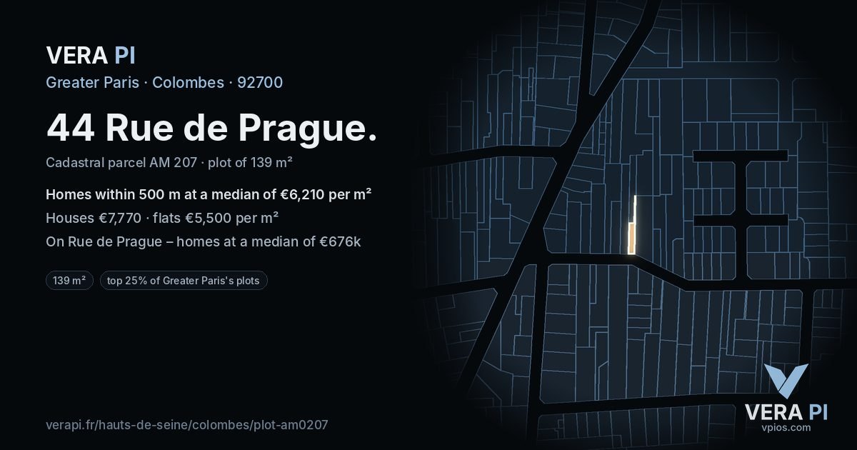 44 Rue de Prague, Colombes at night – the plot lit, the parcels around coloured by the prices near them