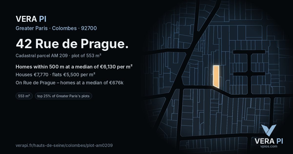 42 Rue de Prague, Colombes at night – the plot lit, the parcels around coloured by the prices near them