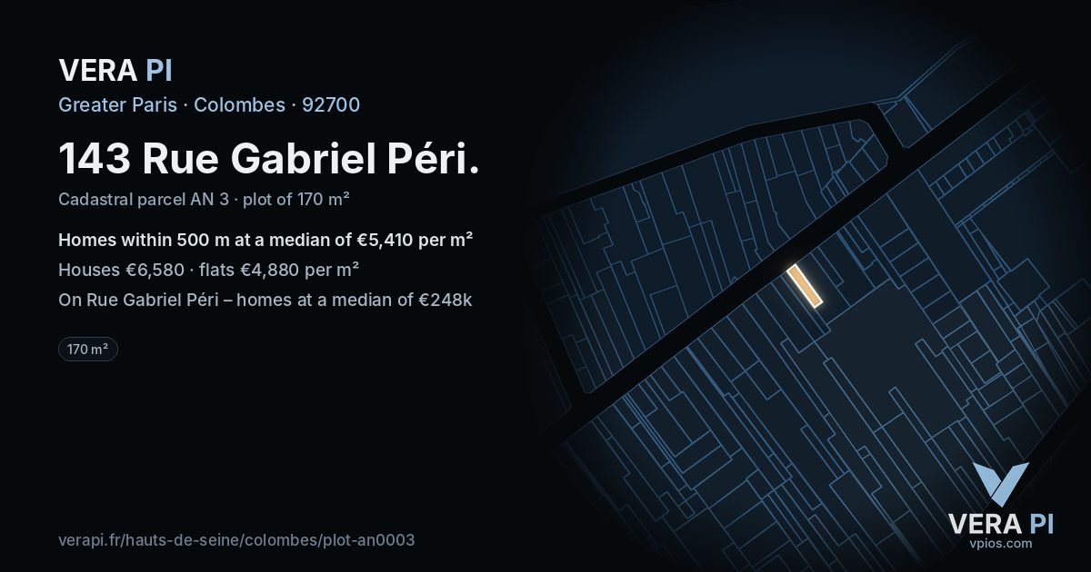 143 Rue Gabriel Péri, Colombes at night – the plot lit, the parcels around coloured by the prices near them