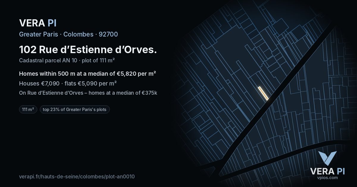 102 Rue d’Estienne d’Orves, Colombes at night – the plot lit, the parcels around coloured by the prices near them
