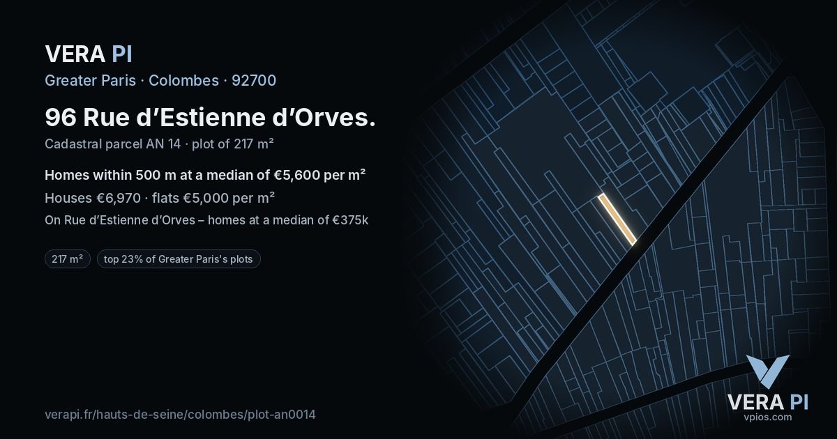96 Rue d’Estienne d’Orves, Colombes at night – the plot lit, the parcels around coloured by the prices near them