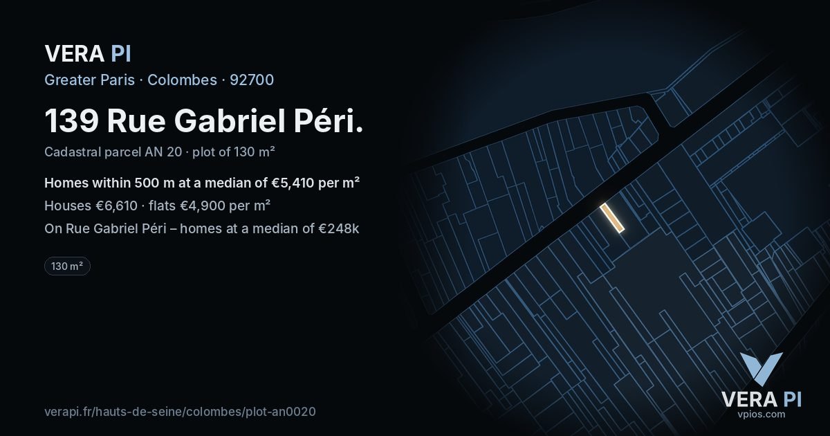 139 Rue Gabriel Péri, Colombes at night – the plot lit, the parcels around coloured by the prices near them
